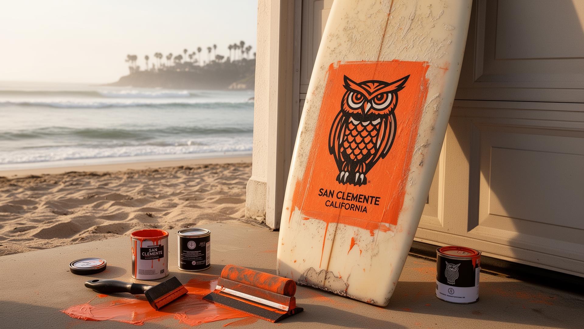 Surfboard by the ocean with fresh orange screen-print paint and an owl logo