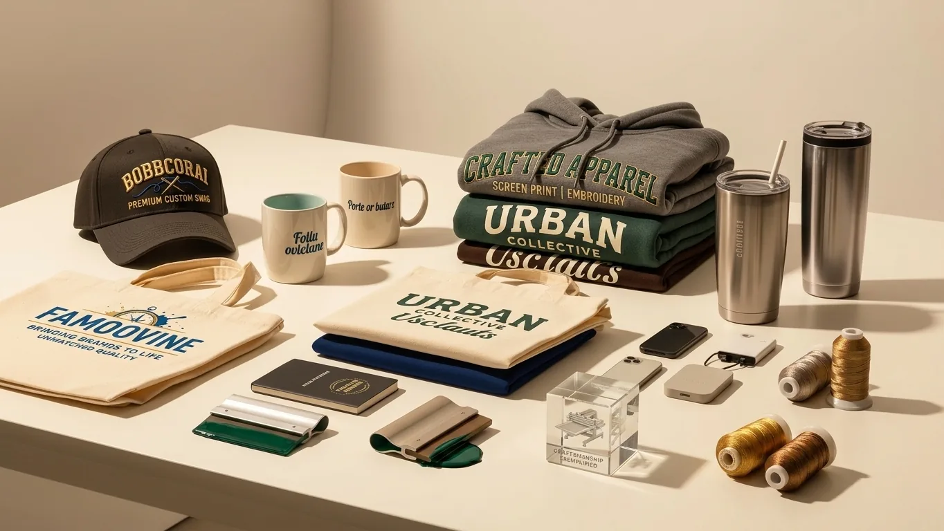 Custom promotional products including apparel, drinkware, tote bags, tech accessories, and branded merchandise